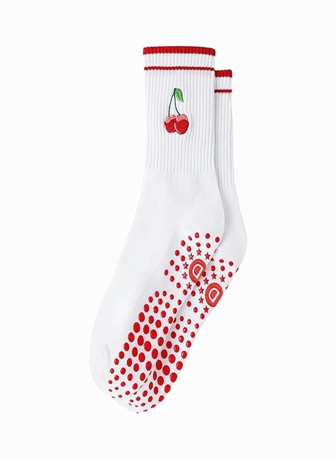 DADAB Cute Pilates Grip Socks for Women - Yoga Grippy Non Slip Barre Sticky Crew Socks for Workout, Hospital Use (1 Packs-cherry) - Image 1